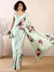 Beautiful Light Green Floral Printed Satin Saree
