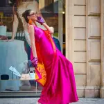 Pink and orange print satin silk saree