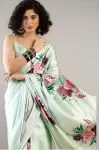 Beautiful Light Green Floral Printed Satin Saree