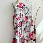White satin crepe silk saree with floral pattern