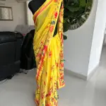 Yellow digital printed floral weightless georgette saree