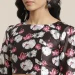 White satin crepe silk saree with floral pattern