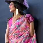Peach & pink contemporary printed satin silk saree