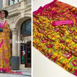 Yellow and pink contemporary printed satin saree