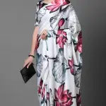 White satin crepe silk saree with floral pattern