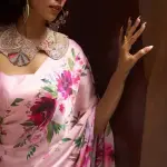 Baby pink digital printed floral satin silk saree
