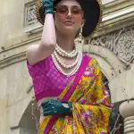 Yellow and pink contemporary printed satin saree