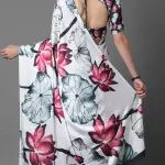 White satin crepe silk saree with floral pattern