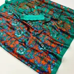 Orange & green contemporary printed satin crepe saree