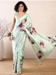 Beautiful Light Green Floral Printed Satin Saree