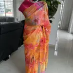 Orange Organza Saree With Floral Printed Work