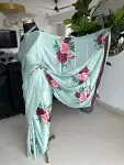 Beautiful Light Green Floral Printed Satin Saree