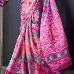 Peach & pink contemporary printed satin silk saree