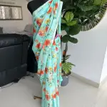Sea green floral printed Zari saree