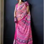 Peach & pink contemporary printed satin silk saree