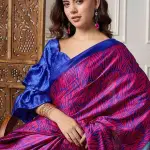 Carmine Pink And Blue Satin Crepe Printed Saree