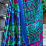 Blue and Neon Green satin crepe silk saree