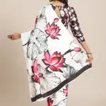 White satin crepe silk saree with floral pattern