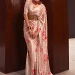 Brown floral printed satin silk crepe saree
