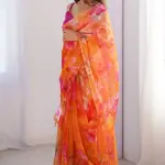 Orange Organza Saree With Floral Printed Work