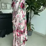 Baby pink digital printed floral satin silk saree