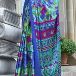 Blue and Neon Green satin crepe silk saree