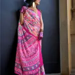 Peach & pink contemporary printed satin silk saree