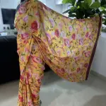 Crepe Satin Digital Print Yellow Saree