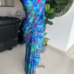Blue and Neon Green satin crepe silk saree