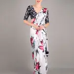 White satin crepe silk saree with floral pattern