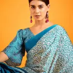 Teal satin crepe saree