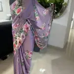 Light purple floral printed satin crepe silk saree