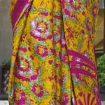 Yellow and pink contemporary printed satin saree