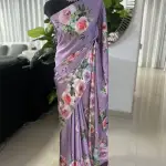 Light purple floral printed satin crepe silk saree