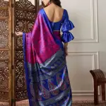 Carmine Pink And Blue Satin Crepe Printed Saree