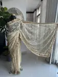 Cream chantilly lace saree with intricate gold border