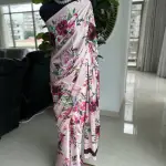 Baby pink digital printed floral satin silk saree
