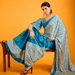 Teal satin crepe saree