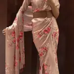 Brown floral printed satin silk crepe saree