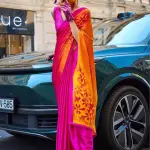 Pink and orange print satin silk saree