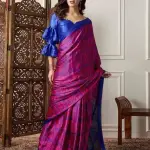 Carmine Pink And Blue Satin Crepe Printed Saree