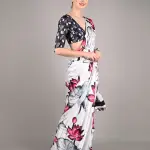 White satin crepe silk saree with floral pattern