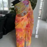 Orange Organza Saree With Floral Printed Work