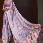 Light purple floral printed satin crepe silk saree
