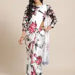 White satin crepe silk saree with floral pattern