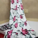White satin crepe silk saree with floral pattern
