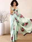 Beautiful Light Green Floral Printed Satin Saree