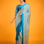 Teal satin crepe saree