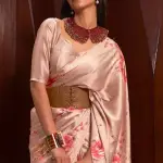 Brown floral printed satin silk crepe saree