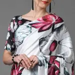 White satin crepe silk saree with floral pattern